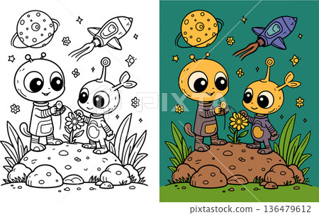 Two aliens on moon with flower, rocket and planets 136479612