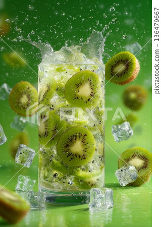 Vibrant kiwi drink splash close-up, ideal for healthy refreshment campaigns, vitamin branding, and social media Vibrant kiwi drink splash close-up, ideal for healthy refreshment campaigns, vitamin branding, and social media 136479667