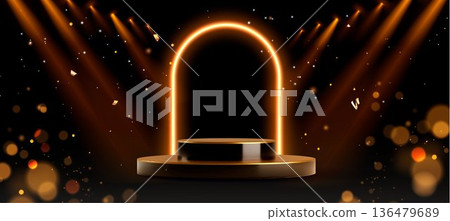 Elegant black golden podium, glowing arch Elegant black golden podium, glowing arch 136479689