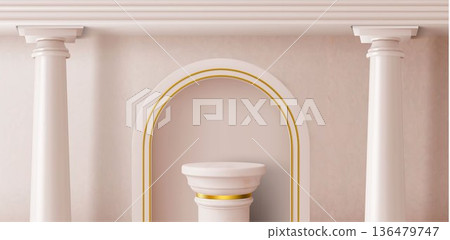 Beige marble coumn podium with golden ring, arch 136479747