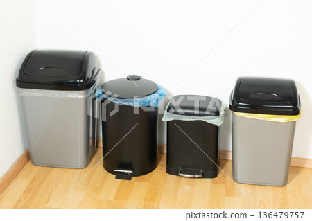 Set of Different Recycling Bins for Plastic Paper Bio Glass Set of Different Recycling Bins for Plastic Paper Bio Glass 136479757