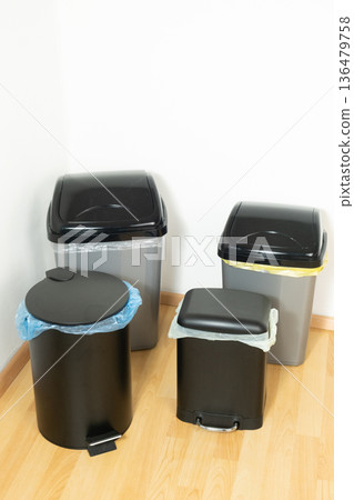 Set of Different Recycling Bins for Plastic Paper Bio Glass Set of Different Recycling Bins for Plastic Paper Bio Glass 136479758