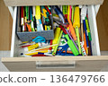 Messy Open Drawer Full of Colorful School Stationery and Pencils 136479766