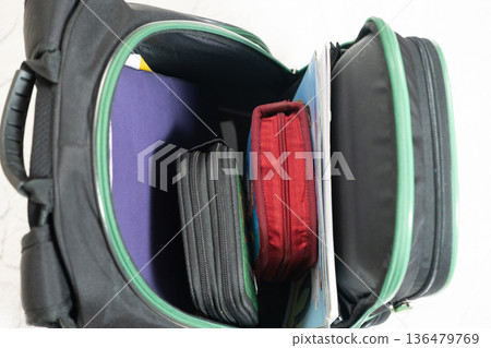 Black Backpack Packed for School with Educational Supplies and Pencilcase 136479769