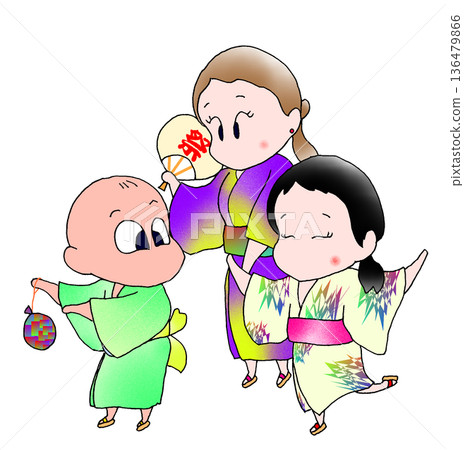 父母和孩子穿著浴衣外出玩耍 父母和孩子穿著浴衣外出玩耍 136479866