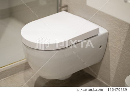 Wall-hung modern toilet in a clean minimalist bathroom, providing a concept of hygiene, contemporary design, and efficient use of space in interior architecture Wall-hung modern toilet in a clean minimalist bathroom, providing a concept of hygiene, contemporary design, and efficient use of space in interior architecture 136479889