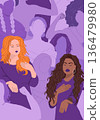 International Women's Day 2026 poster. Happy women with open palms giving gesture on abstract background of women silhouettes.  136479980