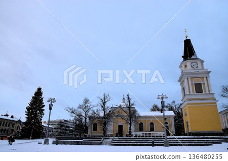 Oulu Cathedral, Finland - Yellow neoclassical architecture stands out against the snowy landscape 136480255