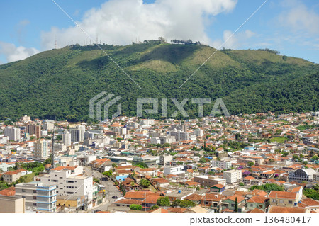 wide aerial view over city of Pocos de Caldas, Minas Gerais, Brazil. and mountain landscape wide aerial view over city of Pocos de Caldas, Minas Gerais, Brazil. and mountain landscape 136480417