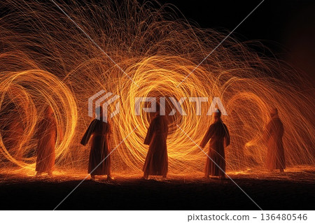 Fire Dances Illuminate the Night Sky in a Captivating Bulgarian Tradition Generative AI 136480546