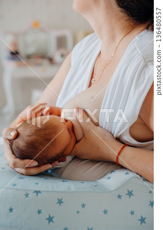 Mother breastfeeds her baby in a cozy setting Mother breastfeeds her baby in a cozy setting 136480557