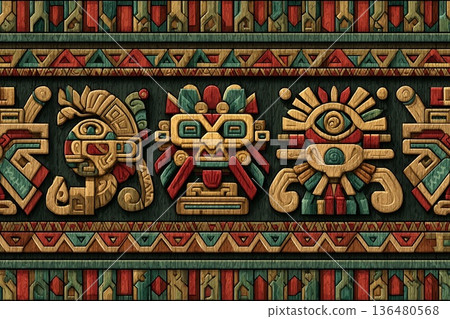 Intricate Vector Pattern Inspired by Ancient Aztec Art Showcasing Vibrant Symbols Generative AI 136480568