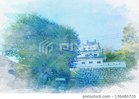 Watercolor painting of Ushitora Tower of Tsu Castle in Tsu City, Mie Prefecture 136480720