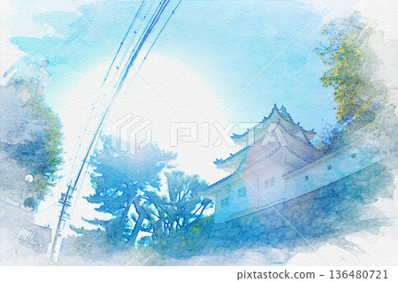 Watercolor painting of Ushitora Tower of Tsu Castle in Tsu City, Mie Prefecture Watercolor painting of Ushitora Tower of Tsu Castle in Tsu City, Mie Prefecture 136480721