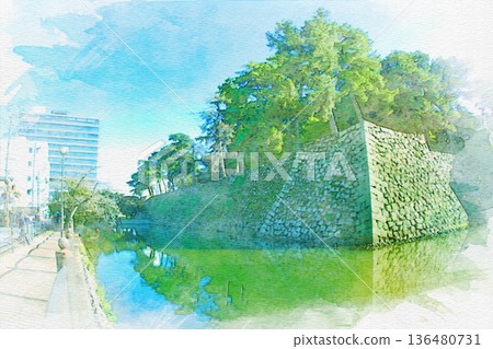 【三重縣】津市津城北護城河及石牆水彩畫 【三重縣】津市津城北護城河及石牆水彩畫 136480731