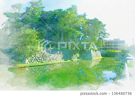 【三重縣】津市津城北護城河及石牆水彩畫 【三重縣】津市津城北護城河及石牆水彩畫 136480736