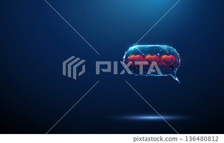 3d blue speech bubble with 3 hearts. Love communication, emotional messaging, positive feedback, support, social interaction, relationship expression concept 3d blue speech bubble with 3 hearts. Love communication, emotional messaging, positive feedback, support, social interaction, relationship expression concept 136480812