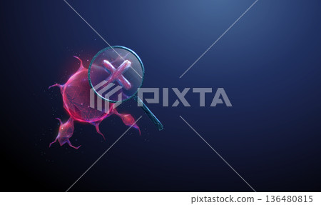 3d tumor under magnifying glass with red cross. Malignant tumor detection, cancer warning, negative medical screening outcome, oncology risk identification concept. 3d tumor under magnifying glass with red cross. Malignant tumor detection, cancer warning, negative medical screening outcome, oncology risk identification concept. 136480815