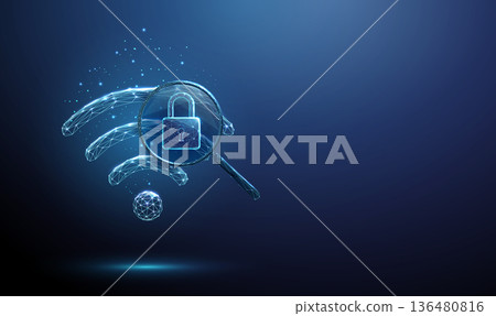 3d wifi icon under magnifying glass with padlock inside lens. Wireless security analysis, cybersecurity audit, data encryption, safe communication concept. 136480816