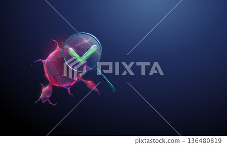 3d tumor under magnifying glass with green check mark Successful tumor detection, benign result, early cancer screening, medical examination, oncology analysis concept. 3d tumor under magnifying glass with green check mark Successful tumor detection, benign result, early cancer screening, medical examination, oncology analysis concept. 136480819