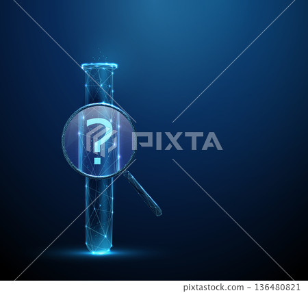 3d blue test tube under magnifying glass with question mark inside Laboratory diagnostics, sample analysis, biochemical research, experiment review concept 136480821