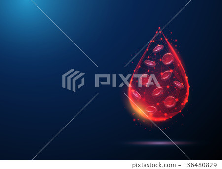 Red blood cells inside blood drop. Erythrocyte analysis, blood sample diagnostics, hematology testing, medical laboratory research, health monitoring concept. 136480829