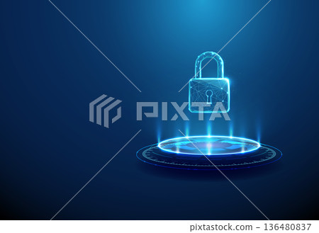 3d blue futuristic pedestal with padlock. Advanced security, protected access, digital trust, reliable protection, ready cybersecurity solution concept. 136480837