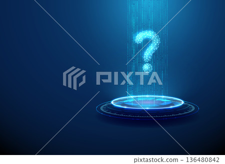 3d question mark on futuristic podium in data stream. Inquiry, problem solving, information analysis, digital investigation, technological insight concept. 136480842