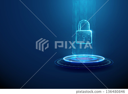 3d padlock on futuristic podium with flowing data points. Data security, digital protection, cybersecurity, secure access, encryption, data stream concept. 136480846