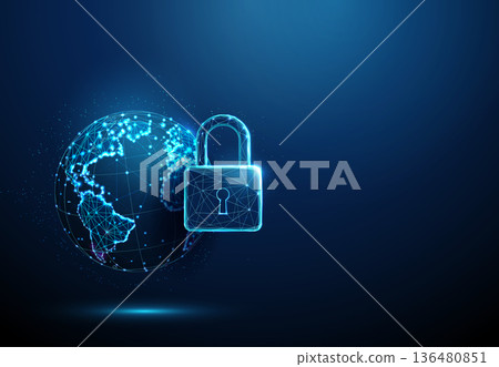3d blue Earth globe with padlock. Privacy, access control, information safety, travel restrictions, restricted zones, safe digital network, pandemic response concept. 136480851