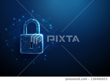 3d blue padlock with microchip circuit lines Hardware security, data protection, cybersecurity, encryption, secure access, digital infrastructure concept. 136480853