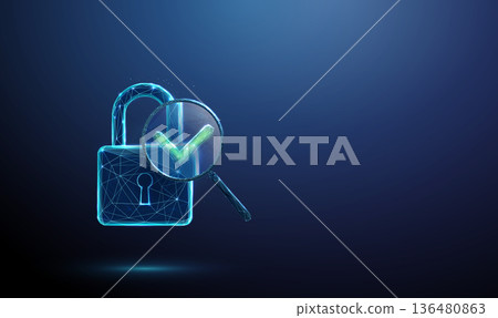 3d blue padlock under magnifying glass with green check mark. Secure verification, successful authentication, data protection confirmed, security validation concept. 136480863