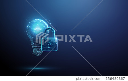 3d light bulb with padlock. Intellectual property protection, innovation safety, confidential concept, creative solutions with security, protected insights concept. 3d light bulb with padlock. Intellectual property protection, innovation safety, confidential concept, creative solutions with security, protected insights concept. 136480867