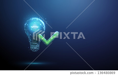 3d blue light bulb with green check mark. Verified idea, successful innovation, approved concept, confirmed insight, brainstorming, creative process concept. 136480869