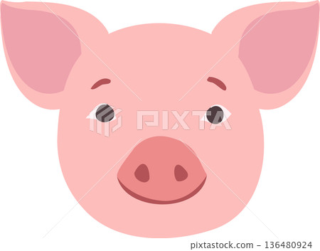 Cute pink pig face illustration. Farm animal character for children projects, branding, and educational 136480924