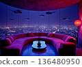Modern Lounge With Panoramic City View at Night Illuminated by Glowing Elements 136480950