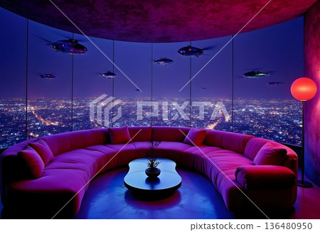 Modern Lounge With Panoramic City View at Night Illuminated by Glowing Elements Modern Lounge With Panoramic City View at Night Illuminated by Glowing Elements 136480950