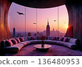 Futuristic Lounge With Stunning Skyline View at Sunset in a Vibrant Urban Setting 136480953