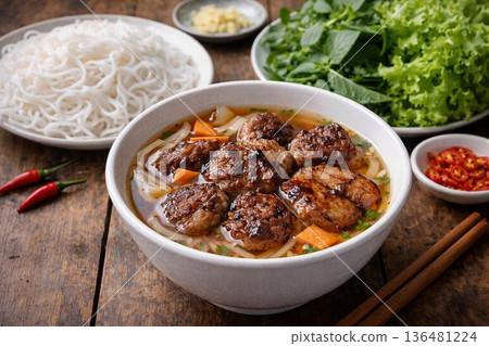 Meatball soup noodles 136481224