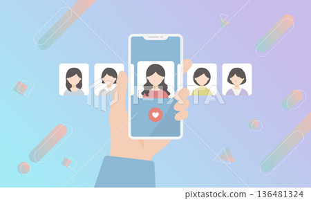 A vector illustration of a man searching for his ideal woman on a dating app. A vector illustration of a man searching for his ideal woman on a dating app. 136481324