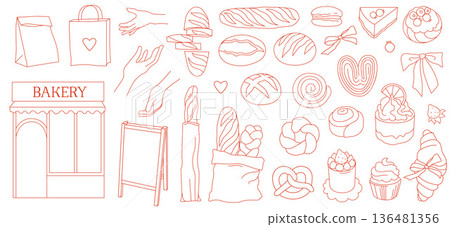 Bakery business branding kit of line art icons of bread, pastries, desserts, packaging and shop elements for menu or store design 136481356