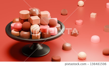 3D蛋糕架和堆積如山的巧克力背景 136481506