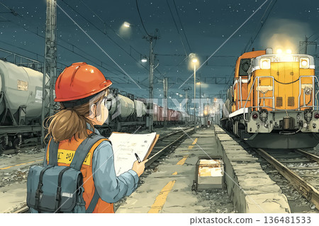 A female staff member inspecting a freight train at a freight yard at night - a moment of safety confirmation 136481533