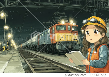 Female railway staff watching over freight trains in a marshalling yard at night - pre-departure check scene 136481534