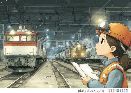 在夜間安全管理期間,女鐵路工作人員正在檢查排隊的貨運列車。 在夜間安全管理期間,女鐵路工作人員正在檢查排隊的貨運列車。 136481535