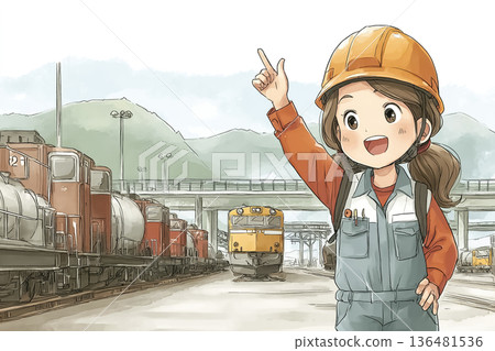 Female railway staff guiding a freight train with hand signals - tension just before departure 136481536