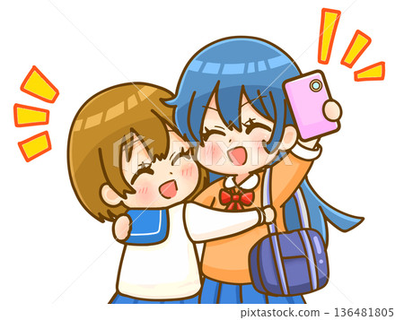 插畫資料 5:一群友善的高中女生用智慧型手機自拍 插畫資料 5:一群友善的高中女生用智慧型手機自拍 136481805