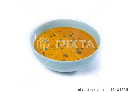 Creamy Carrot Soup in Blue Bowl Creamy Carrot Soup in Blue Bowl 136481816