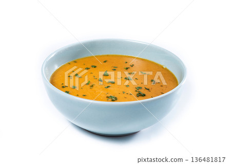 Creamy Carrot Soup in Blue Bowl Creamy Carrot Soup in Blue Bowl 136481817
