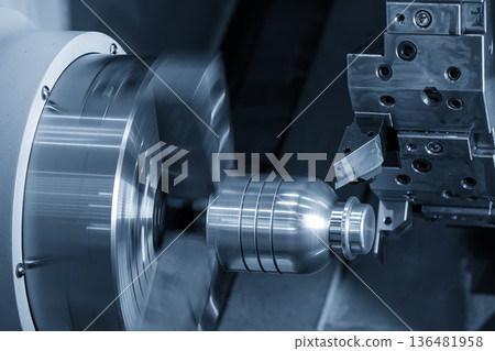 Drinking Water Core Insert Parts Manufacturing by CNC Lathe in Blue Tone Industrial Scene 136481958